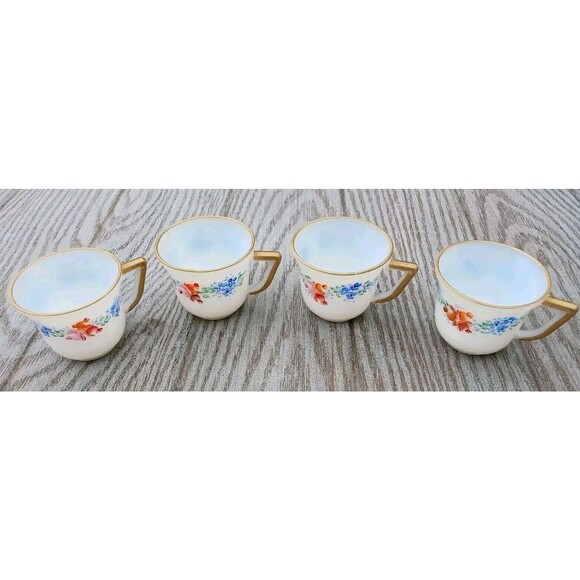 VTG Set of 4 Iridescent French Milk Glass Teacups Gold Trim Hand Painted Floral - Picture 7 of 8